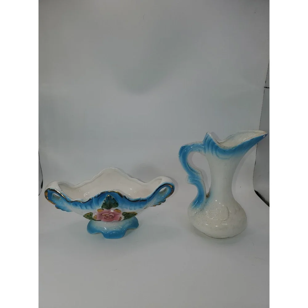 Vintage Blue White Ceramic Miniature Pitcher and Rose Footed Bowl Set